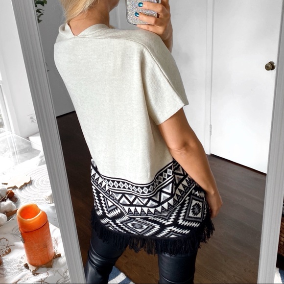 ✔️ BLACK OFF WHITE FRINGE TRIBAL PRINT KNIT SHORT SLEEVE CARDIGAN! - Picture 4 of 10